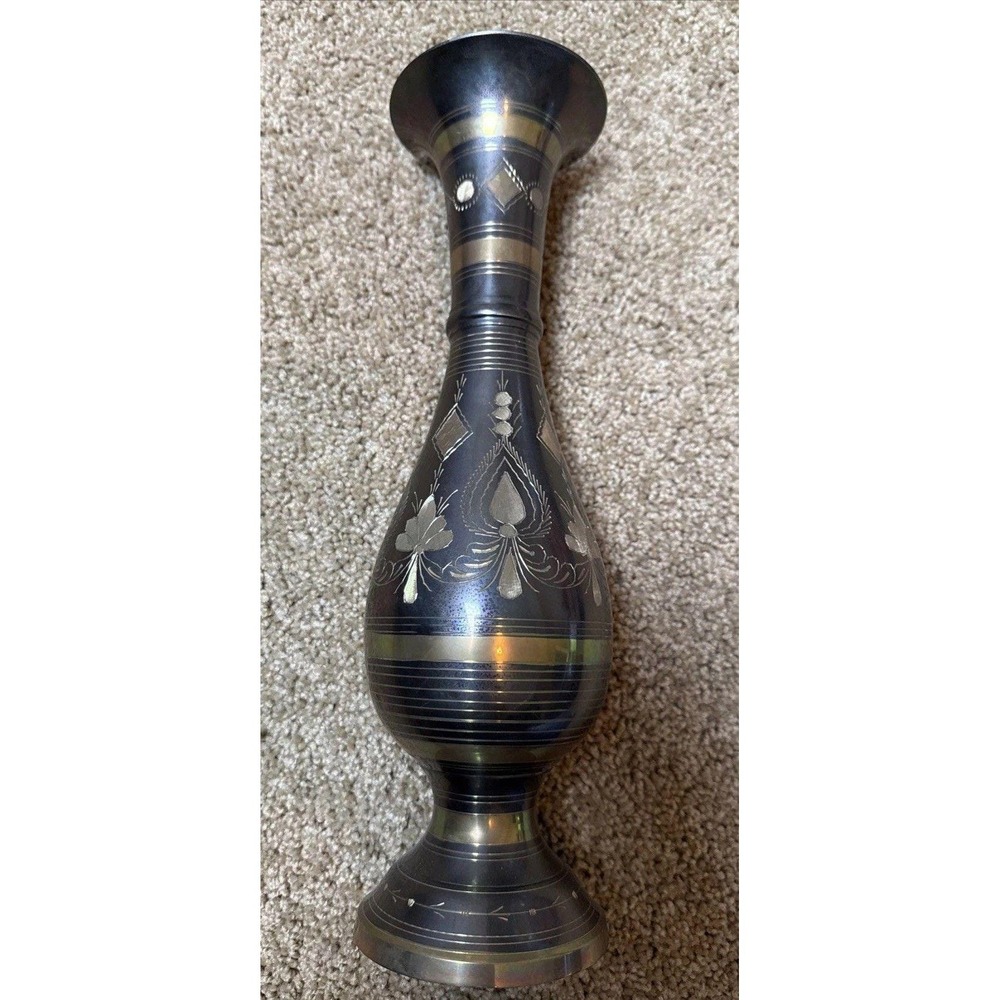 Vintage Black‎ Etched Brass Vase Handcrafted in India 13" Floral
